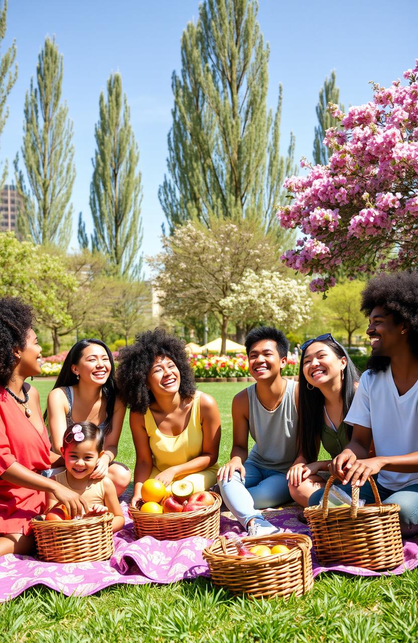 A group of diverse people of different ethnicities and genders, joyfully interacting in a vibrant urban park