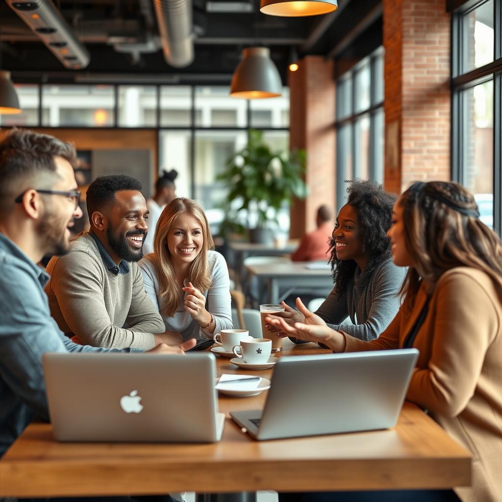 A group of diverse people, including different ethnicities and genders, engaged in animated conversation in a bustling urban café