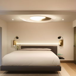 A modern bedroom interior with sleek furniture, minimalist decor and contemporary lighting fixtures.