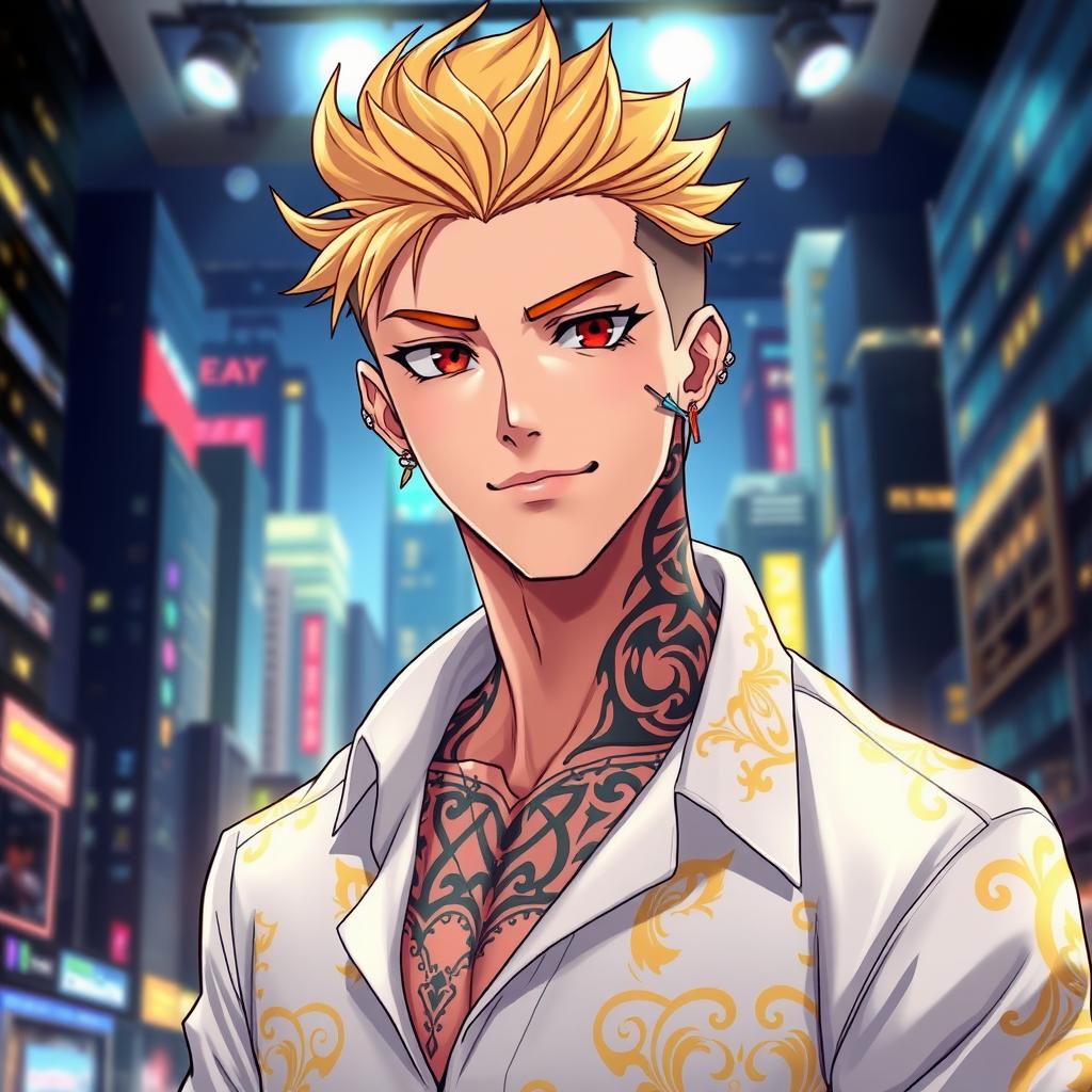 A digital illustration in an anime style featuring a male character exuding confidence