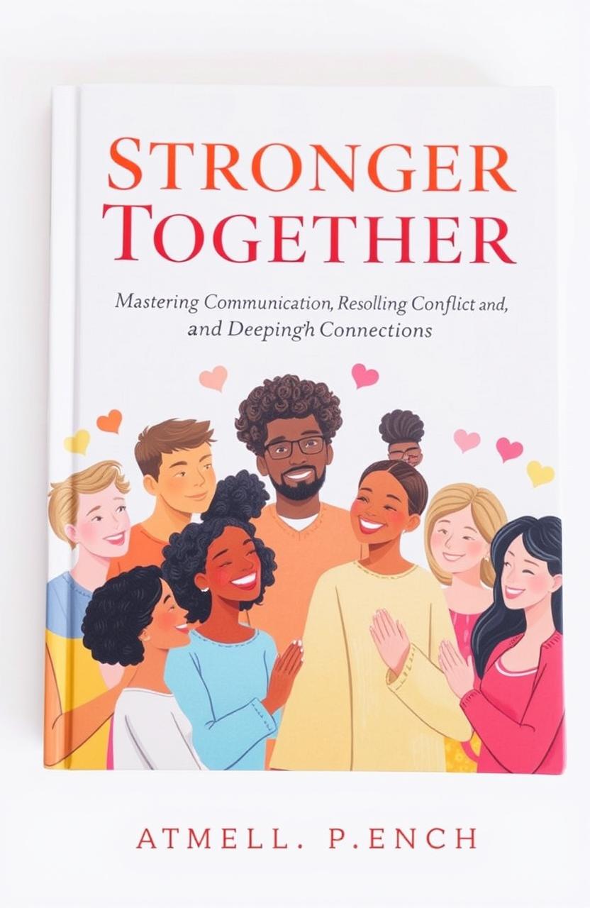 A beautifully illustrated book cover titled 'Stronger Together: Mastering Communication, Resolving Conflict, and Deepening Connections'