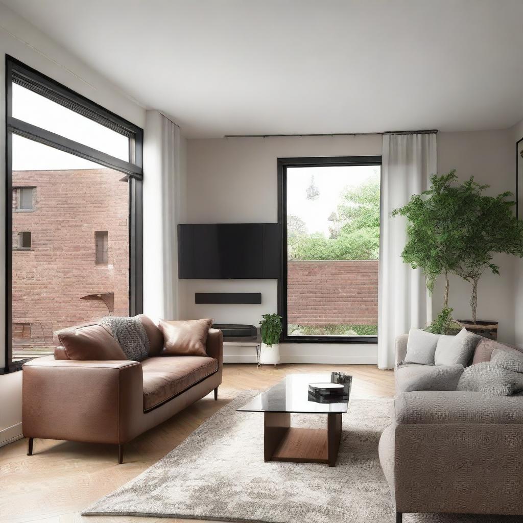 A 10 by 13 feet living room featuring a large window, a modern TV and a comfortable sofa.