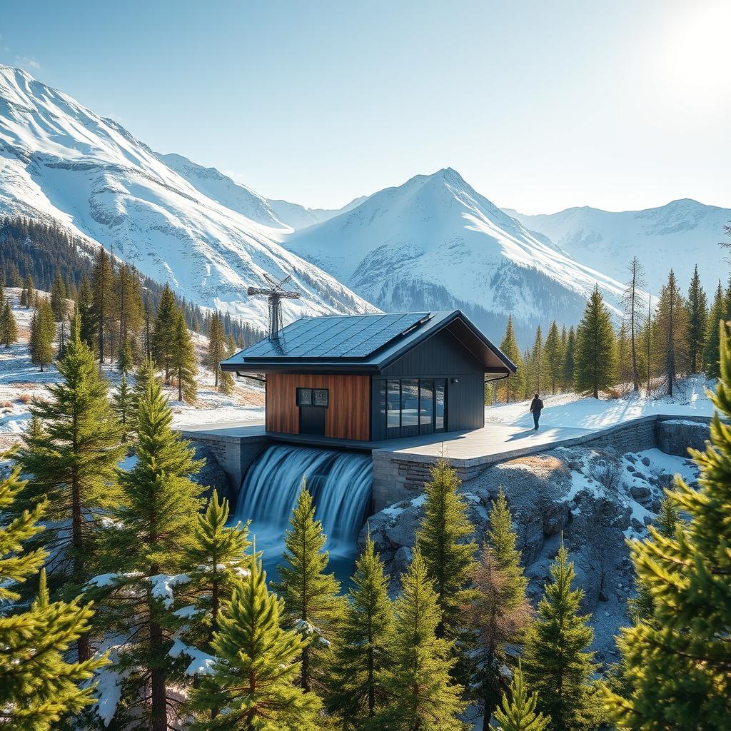 Design a small mini hydropower station set against the stunning backdrop of snowy Siberian mountains and lush green spruce trees in the summer