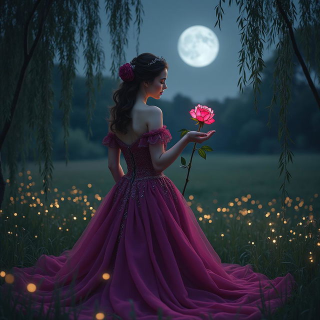 A dark gothic book cover featuring a woman facing forward in a royal dark pink off-the-shoulder gown with intricate silver trim