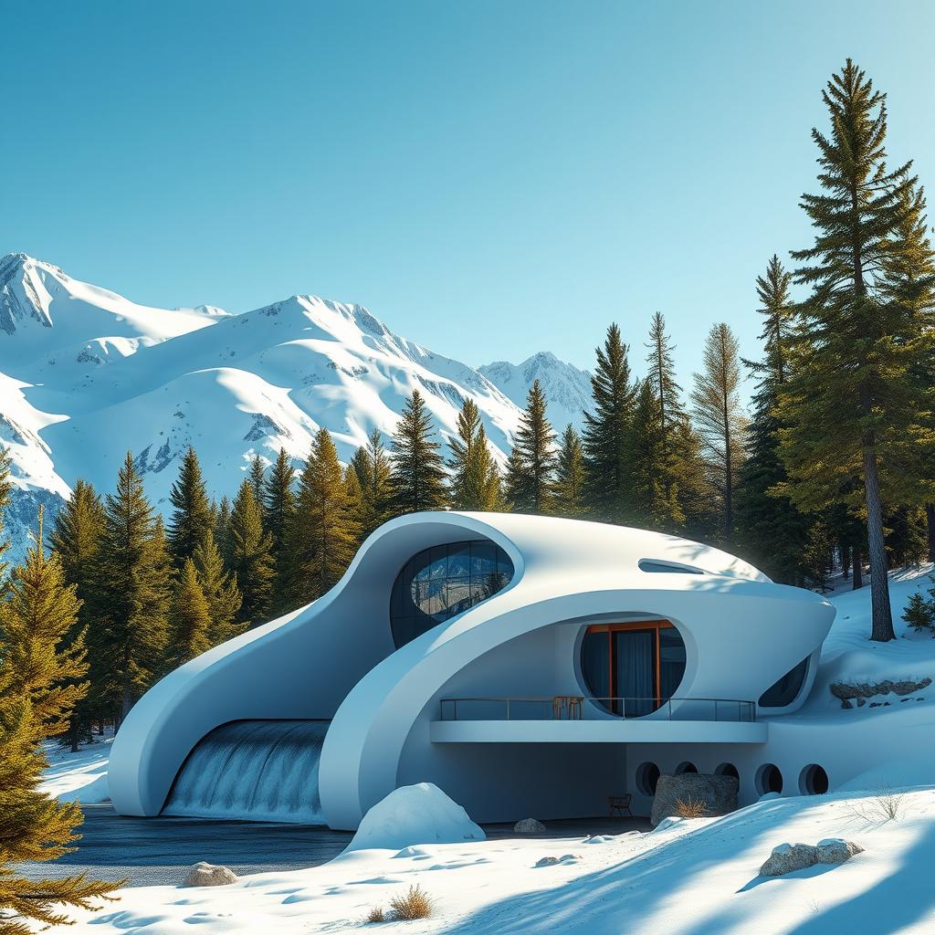Develop a design for a small mini hydropower station set against the stunning backdrop of snowy Siberian mountains and rich green summer spruce trees
