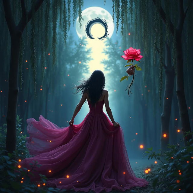 A dark gothic book cover depicting a woman facing forward