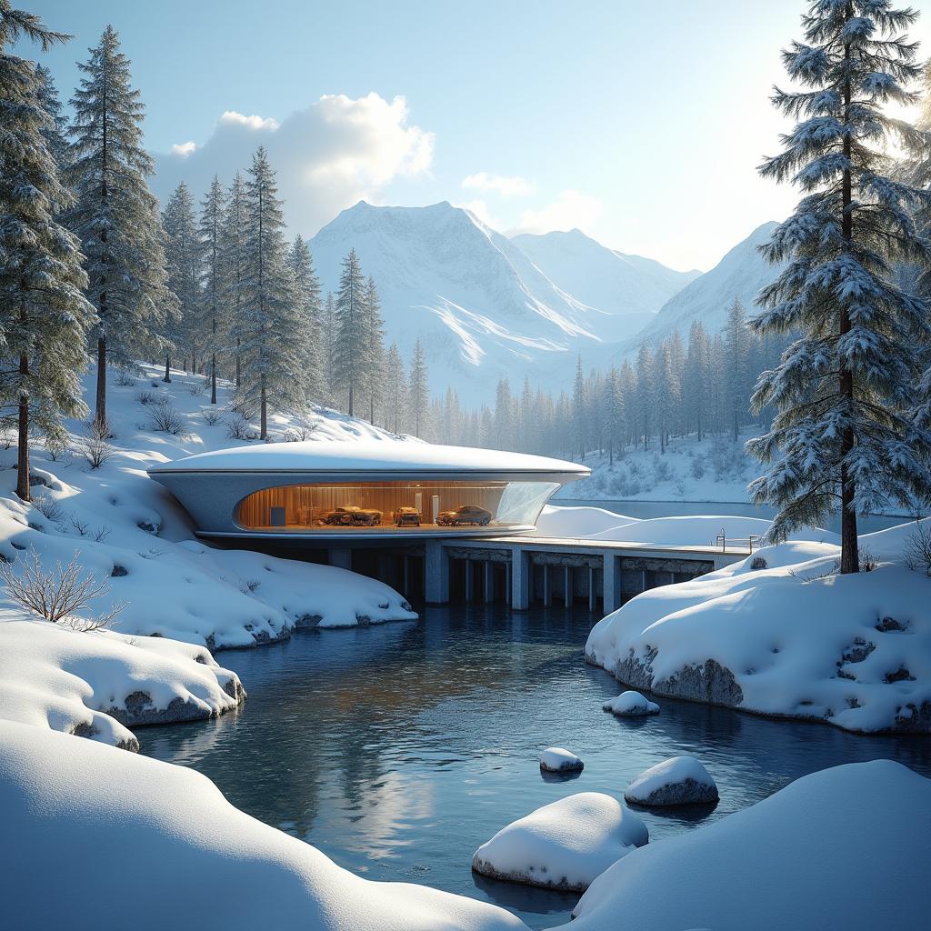 A futuristic design of a small mini hydroelectric power station set against the backdrop of snow-covered Siberian mountains and summer green pines