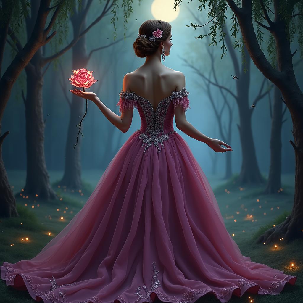 A dark gothic book cover featuring a woman facing forward in a royal dark pink gown with intricate silver trim, elegantly holding out a single stained glass pink rose
