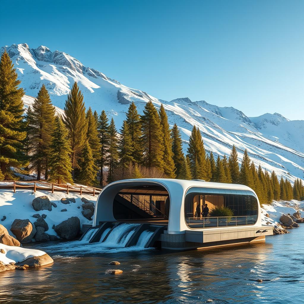A futuristic design of a small mini hydroelectric power station set against the majestic backdrop of snow-covered Siberian mountains and lush summer green pine trees