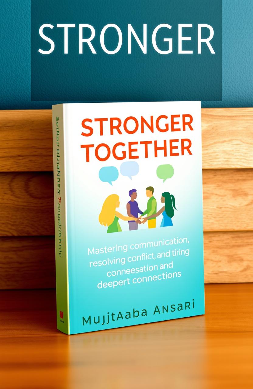 A visually engaging book cover design for 'Stronger Together: Mastering Communication, Resolving Conflict, and Deepening Connections' by Mujtaba Ansari
