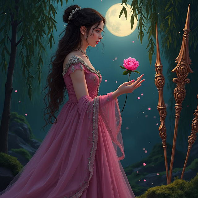 A dark gothic book cover featuring a woman in a royal dark pink gown adorned with silver trim