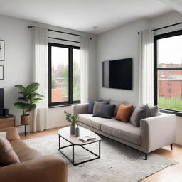 A 10 by 13 feet living room featuring a large window, a modern TV and a comfortable sofa.