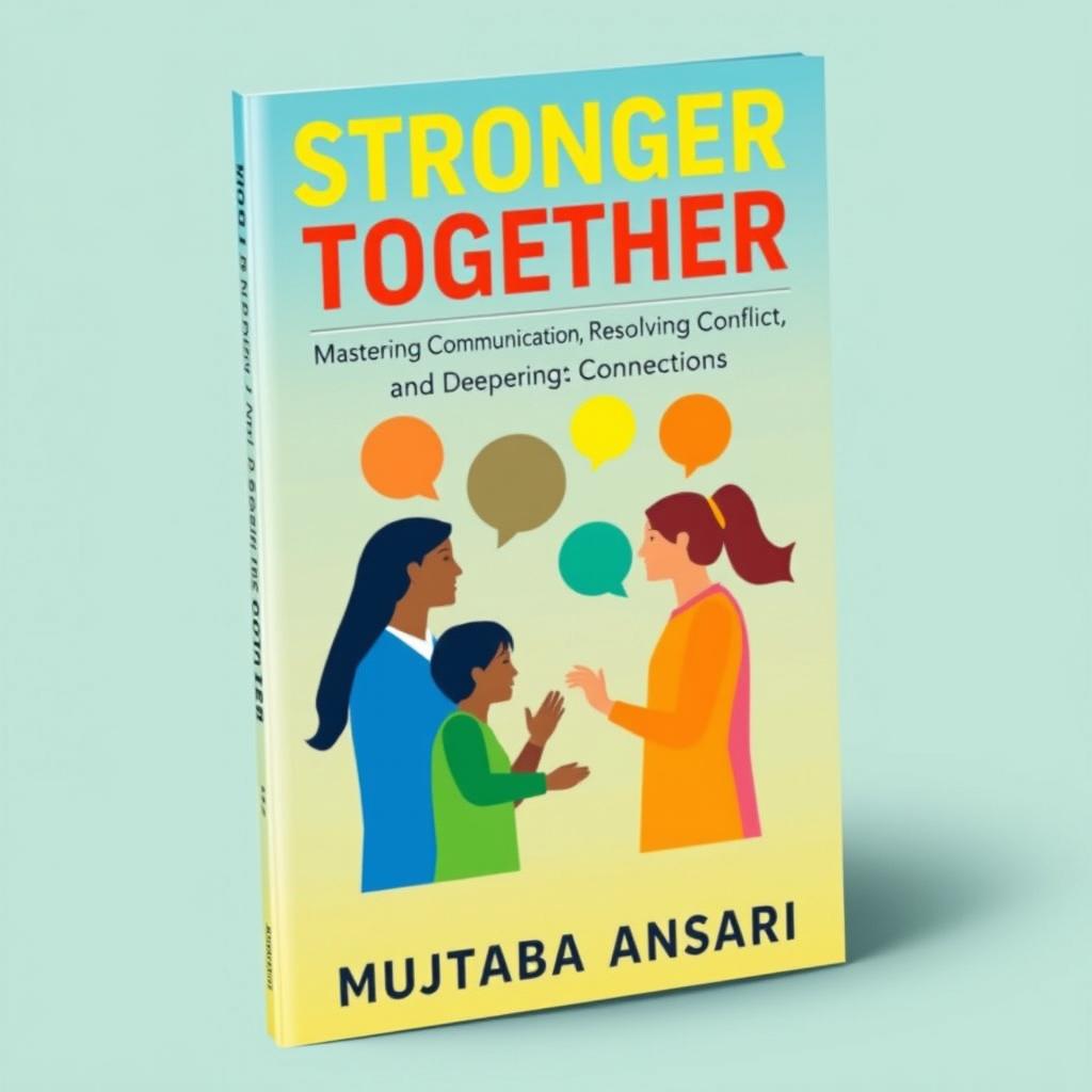 A visually engaging book cover design for 'Stronger Together: Mastering Communication, Resolving Conflict, and Deepening Connections' by Mujtaba Ansari