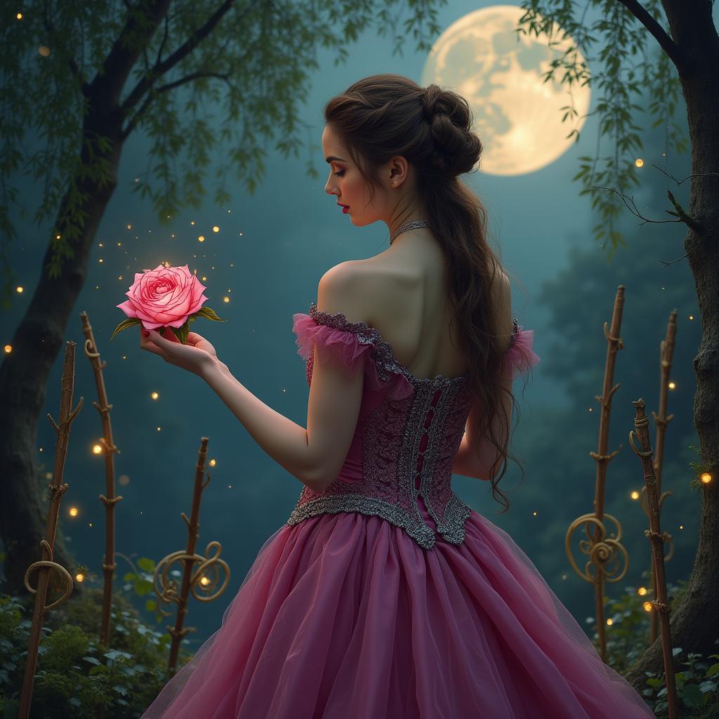 A dark gothic book cover featuring a woman in a royal dark pink gown with intricate silver trim, elegantly holding out a single stained glass pink rose