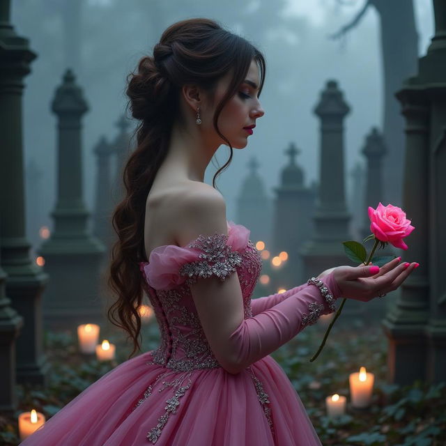 A dark gothic book cover featuring a striking woman dressed in a royal pink gown adorned with silver trim