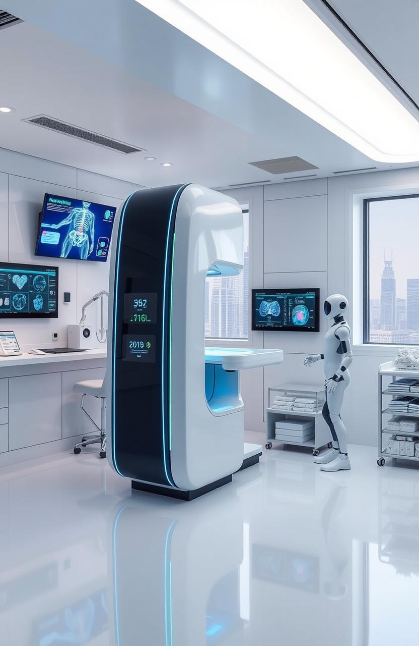 A futuristic diagnostic room filled with advanced medical technology