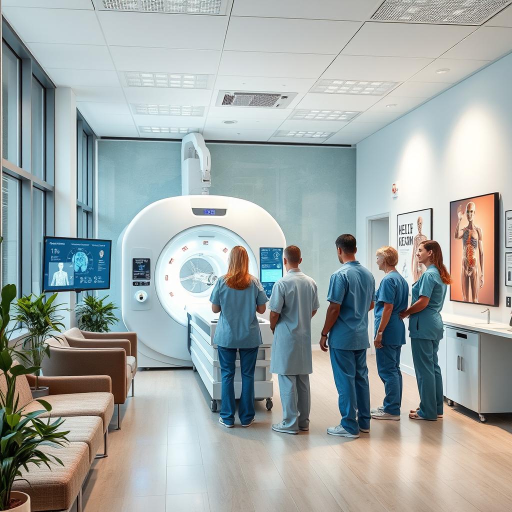 A modern healthcare and diagnostic center showcasing a harmonious blend of advanced technology and a welcoming atmosphere