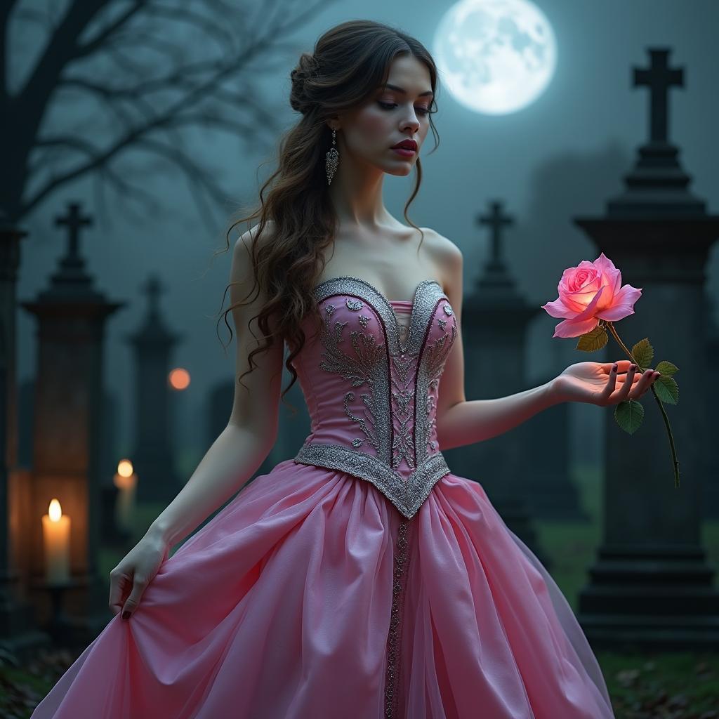 A dark gothic book cover featuring a striking woman wearing a royal, sexy pink gown with intricate silver trim