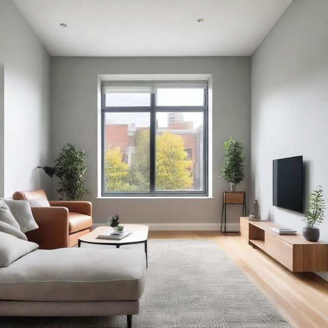 A 10 by 13 feet living room featuring a large window, a modern TV and a comfortable sofa.