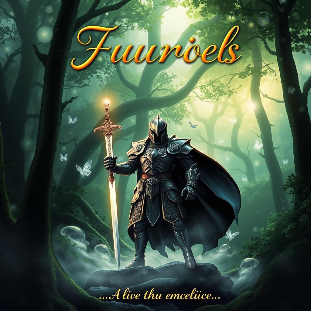 A captivating book cover design featuring a mystical forest with shimmering lights and swirling mist
