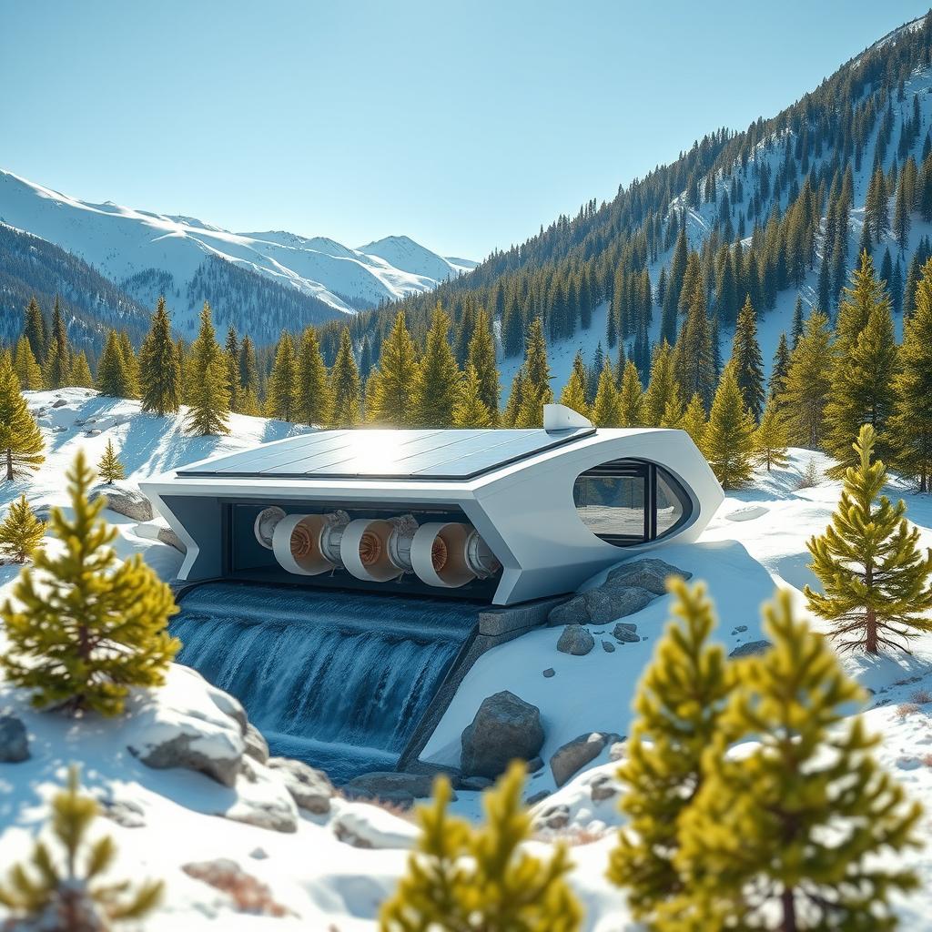 Design a small mini hydropower station in a futuristic style, located in the stunning summer landscape of snowy Siberian mountains and vibrant green spruce trees