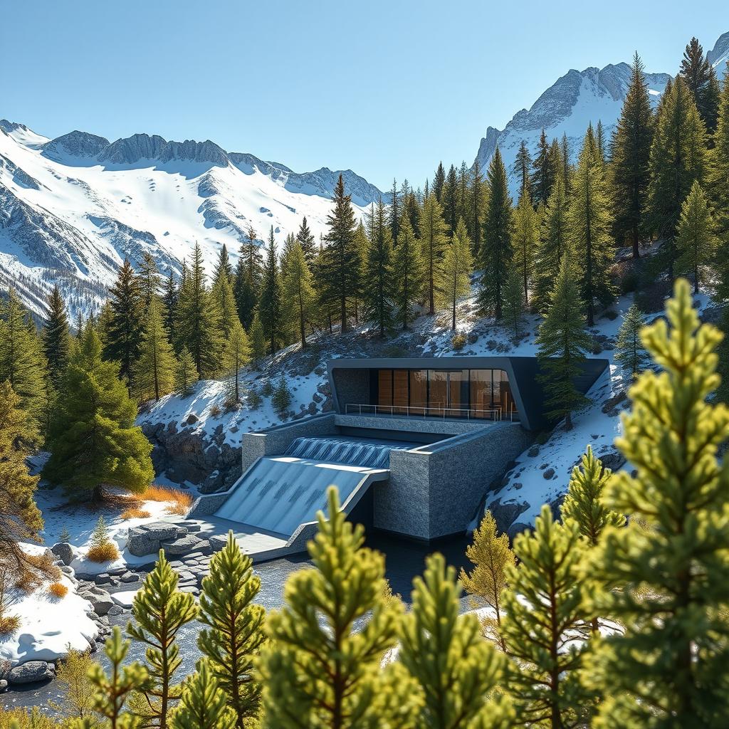 Create a design for a small mini hydropower station nestled against the captivating backdrop of snowy Siberian mountains and vibrant green spruce trees during the summer