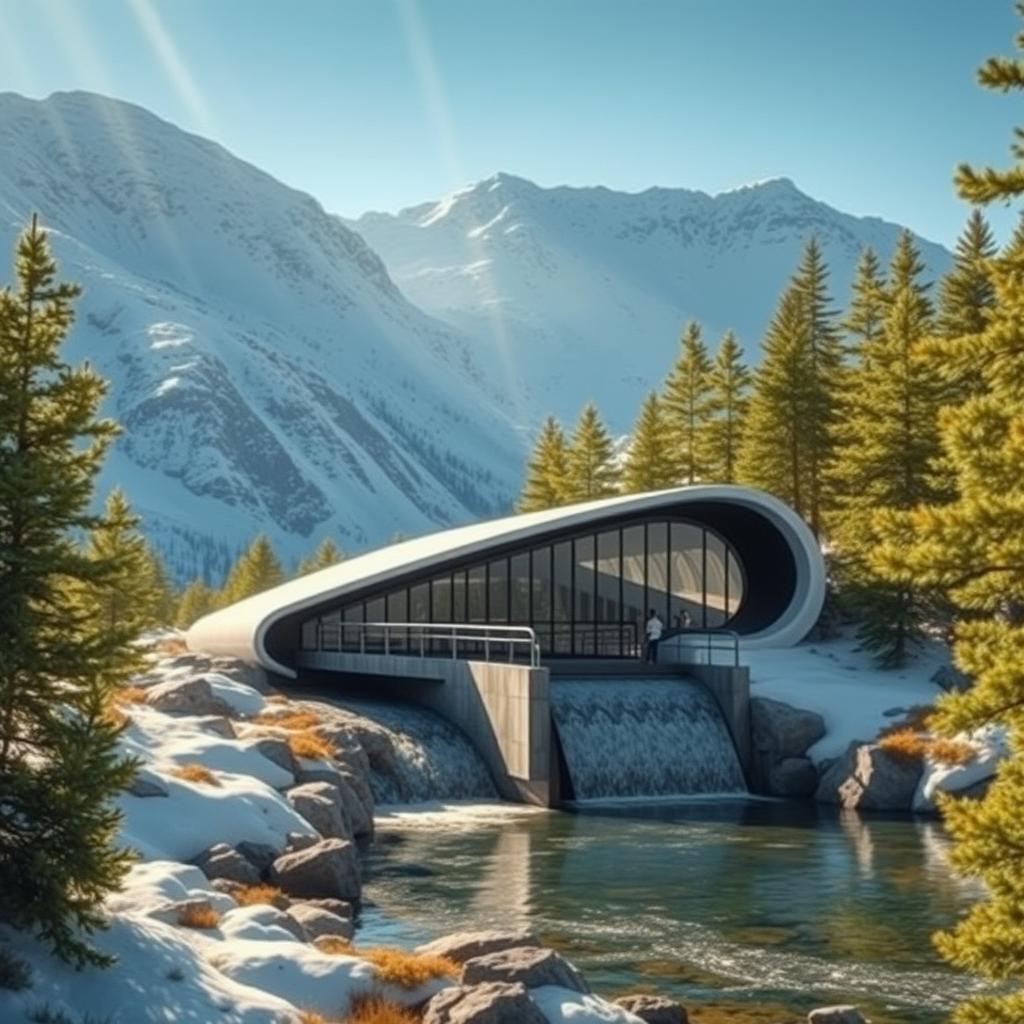 Create a design for a small mini hydropower station, featuring a futuristic style, set against the breathtaking backdrop of snowy Siberian mountains and lush green spruce trees during the summer