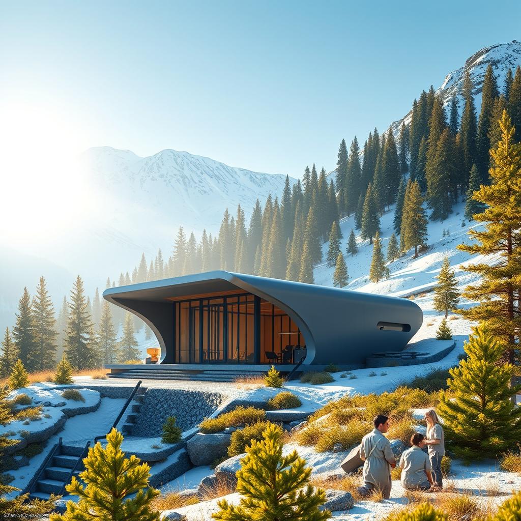 Design a small mini hydropower station with a futuristic aesthetic, set against the breathtaking backdrop of snowy Siberian mountains and lush green spruce trees in summer