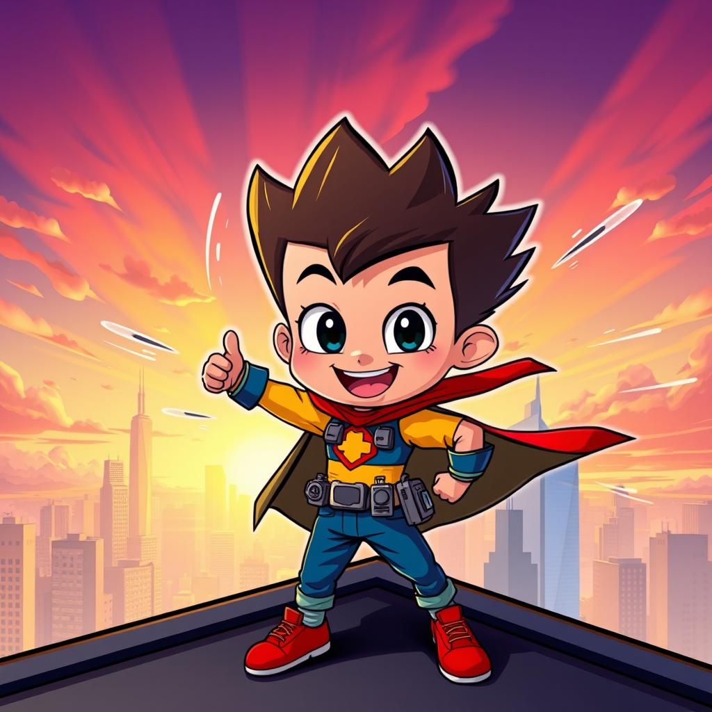 A dynamic, adventurous boy comic character, characterized by his spiky hair, wearing a colorful superhero outfit complete with a cape