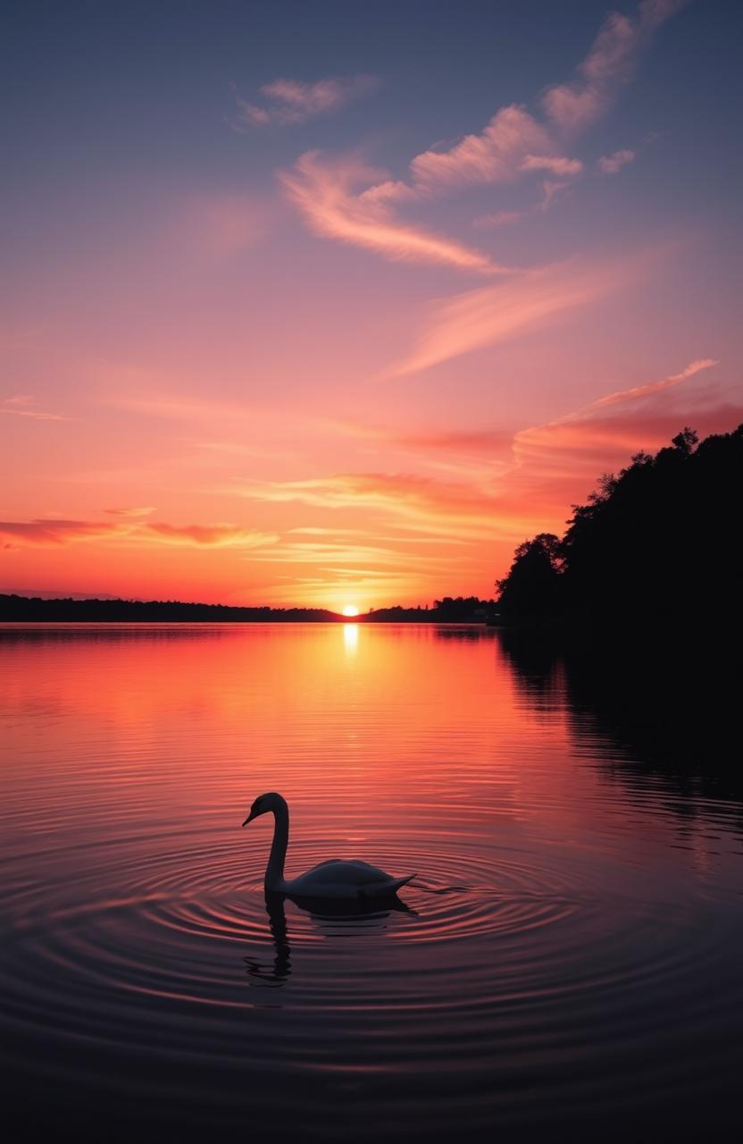 A serene sunset over a tranquil lake, with vibrant orange and pink hues reflecting on the water's surface