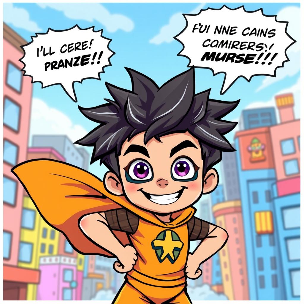 A dynamic and engaging boy comic character, featuring messy, spiky hair and wearing a bright superhero costume with bold colors and a cape flowing behind him