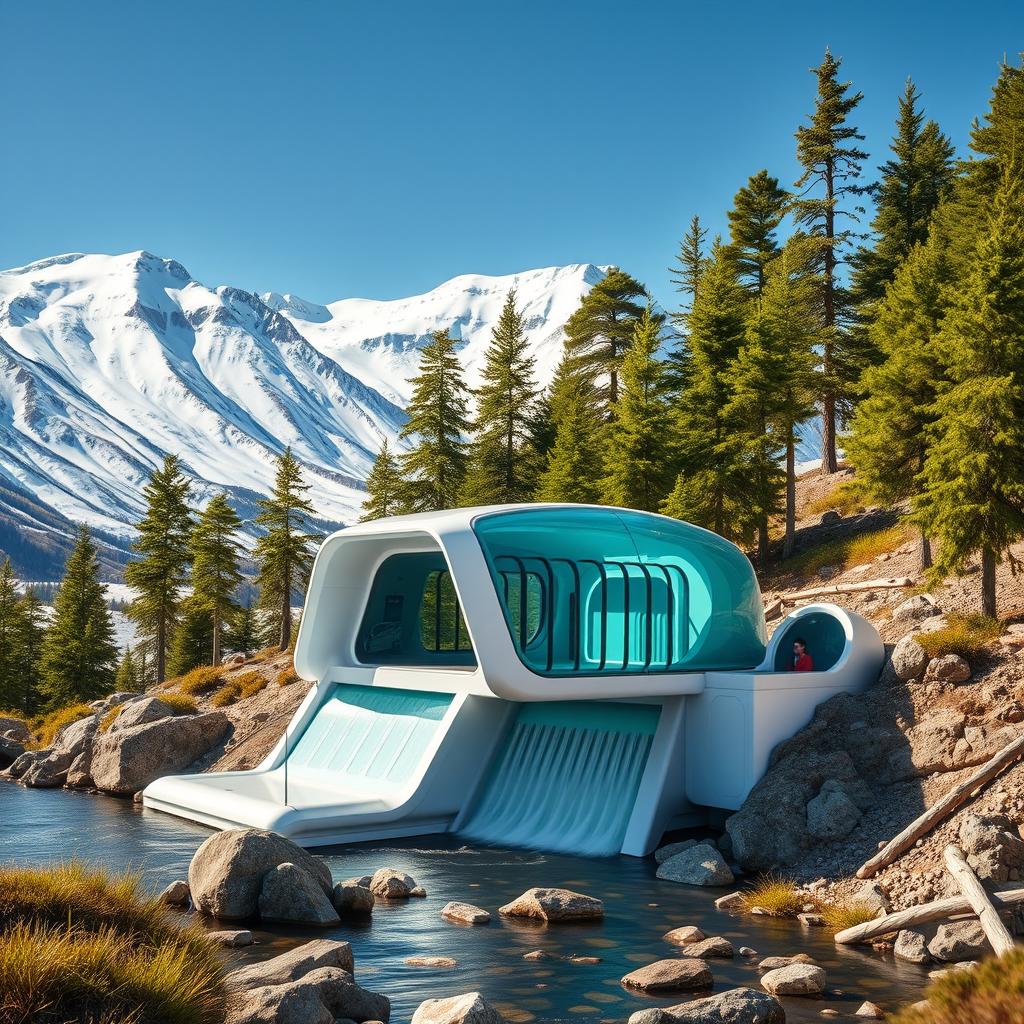 Design a small mini hydropower station that embodies a futuristic aesthetic, set against the stunning backdrop of snowy Siberian mountains and lush green spruce trees in summer