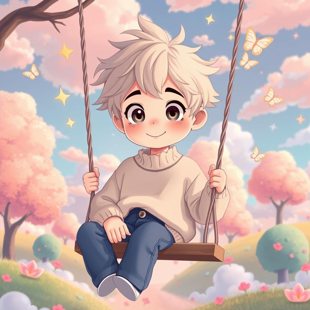 A soft boy comic character, featuring a young male with an androgynous appearance, large expressive eyes, and a gentle smile