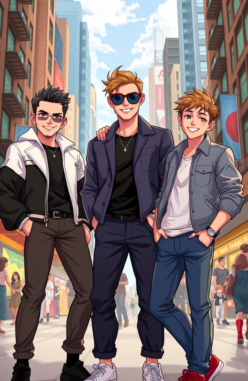 A vibrant and dynamic illustration of three friends showcasing their distinct lifestyles in an urban setting