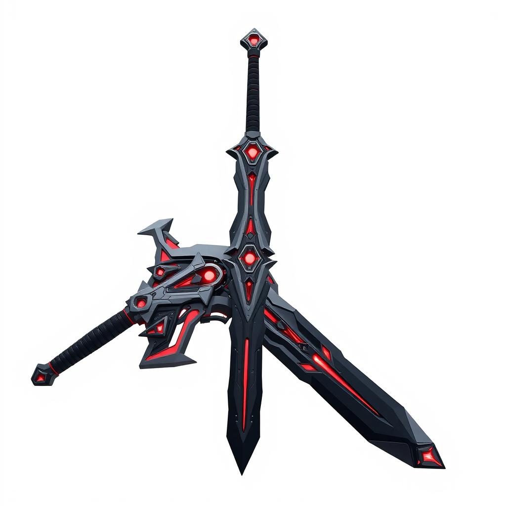 A massive futuristic sword prominently displayed against a pure white background