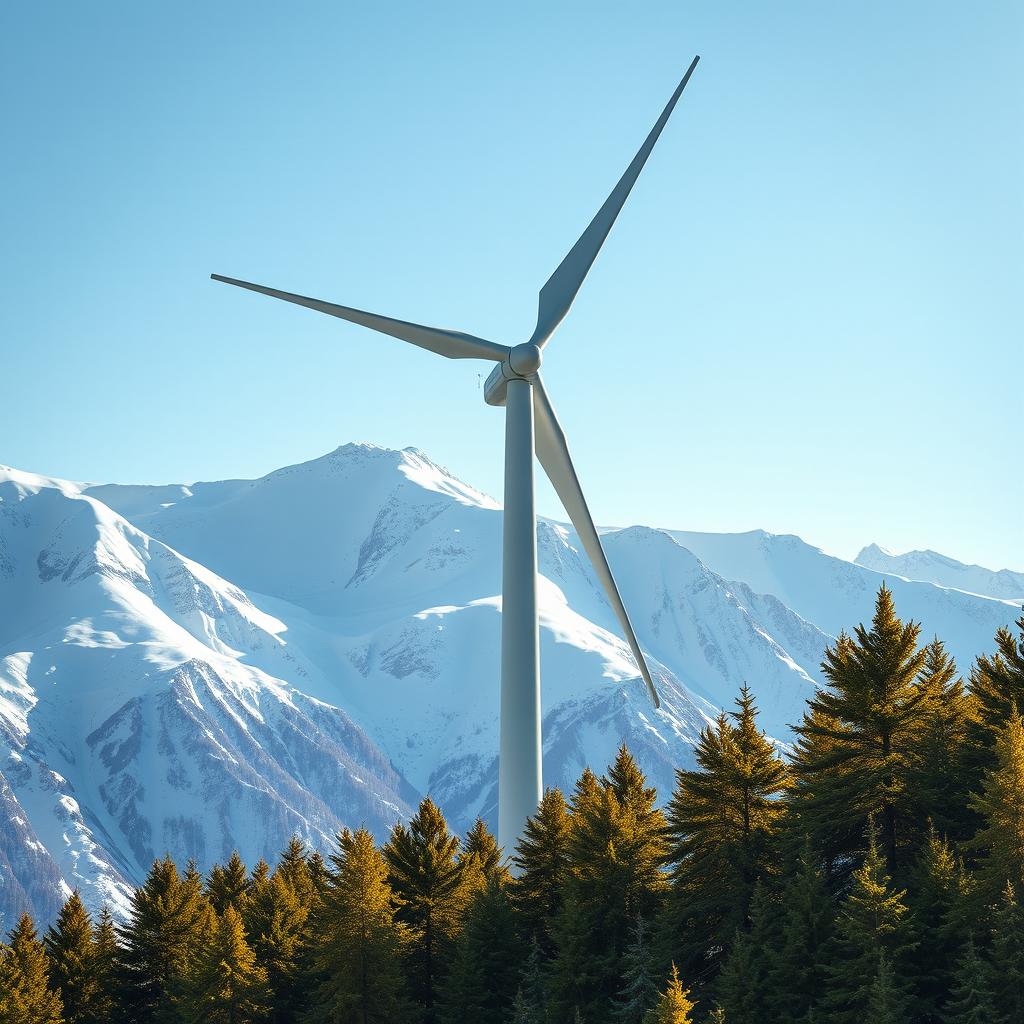 Design a futuristic wind turbine set against the stunning backdrop of snowy Siberian mountains and vibrant green spruce trees during the summer