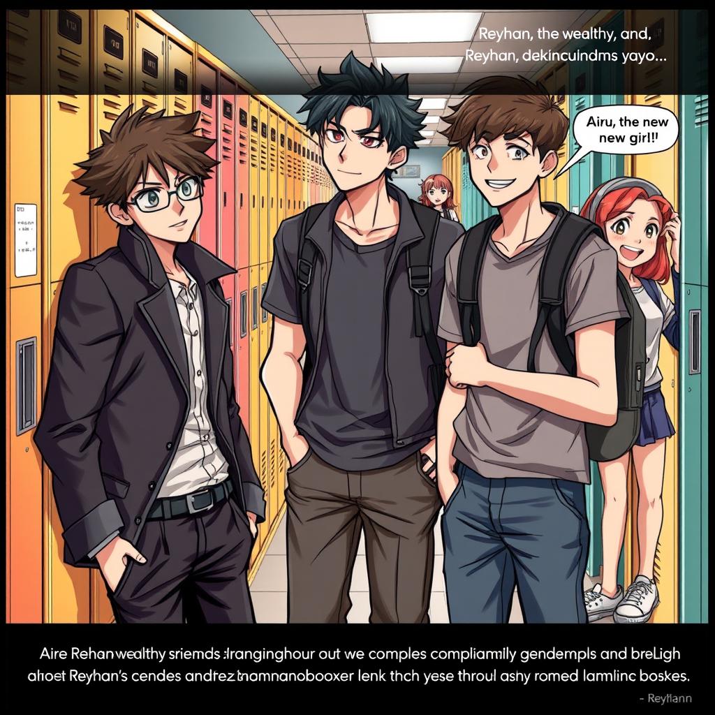 A detailed and expressive scene featuring three high school friends, Reyhan, Danu, and Vano, showcasing their vibrant yet tumultuous lives