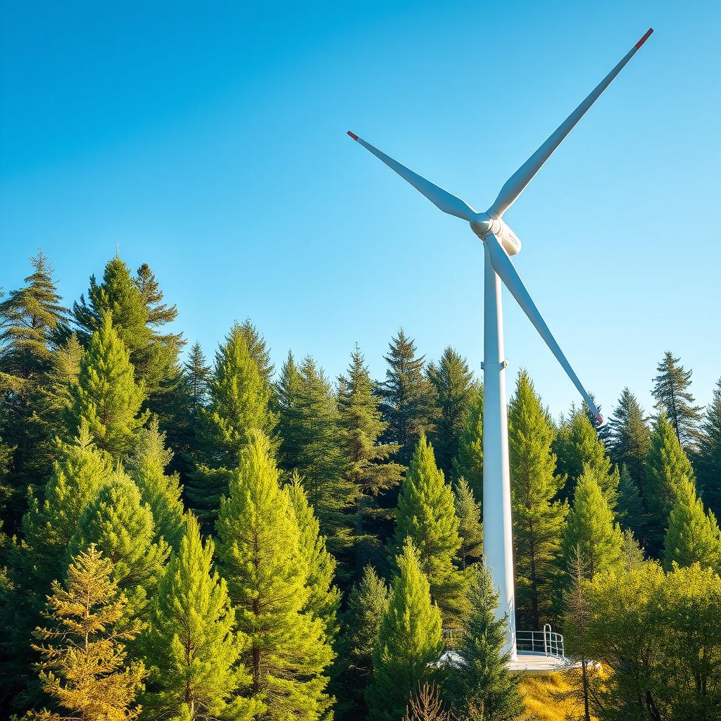 Design a futuristic wind turbine set against the stunning backdrop of Siberian nature, featuring vibrant green spruce trees during the summer