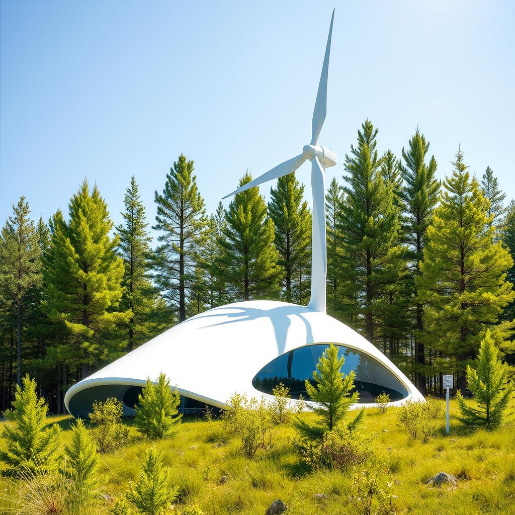 Design a futuristic wind turbine set against the scenic backdrop of Siberian nature, prominently featuring lush green spruce trees during the summer months
