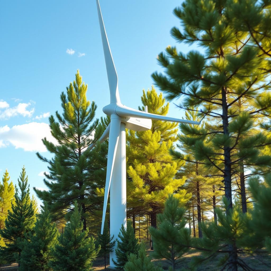 Develop a design for a futuristic wind turbine set against the beautiful backdrop of Siberian nature, featuring lush green spruce trees during the summer