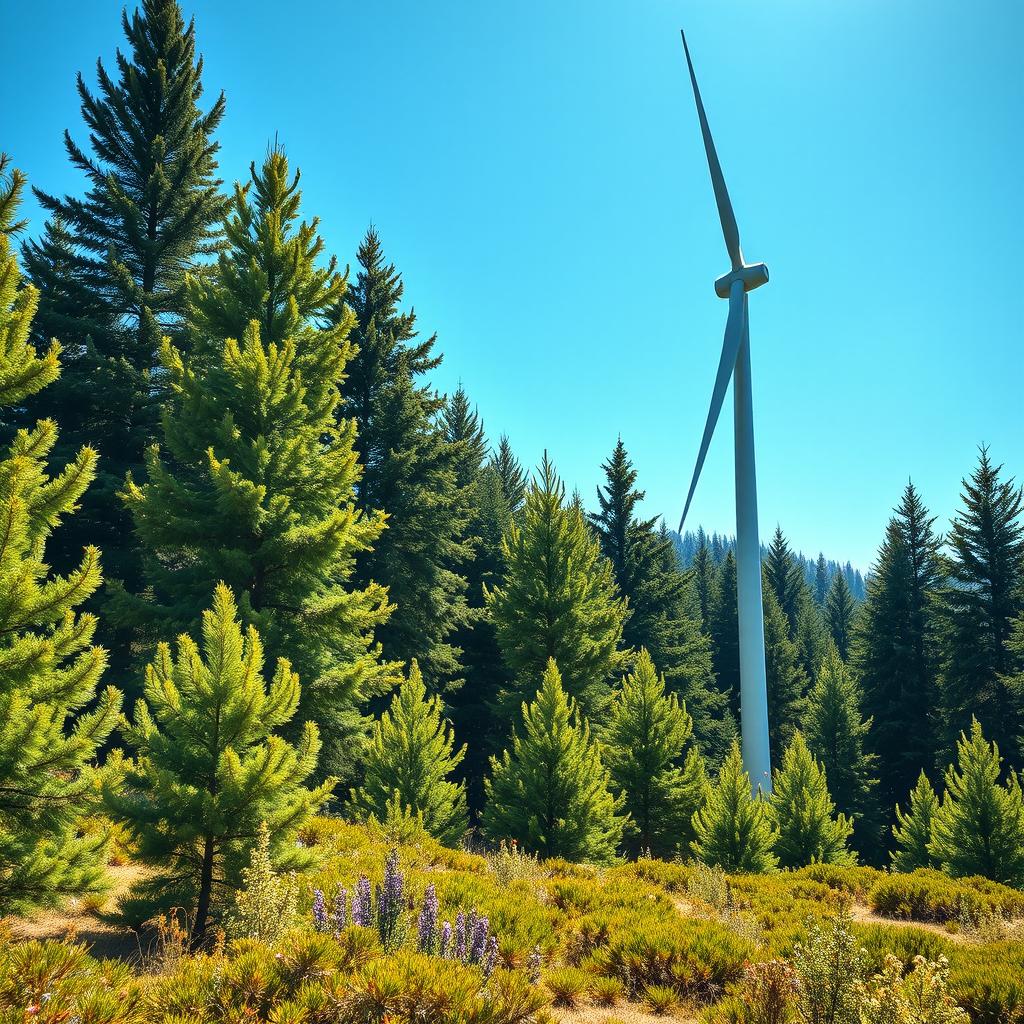 Create a design for a futuristic wind turbine against the breathtaking backdrop of Siberian nature, showcasing lush green spruce trees in the summer season