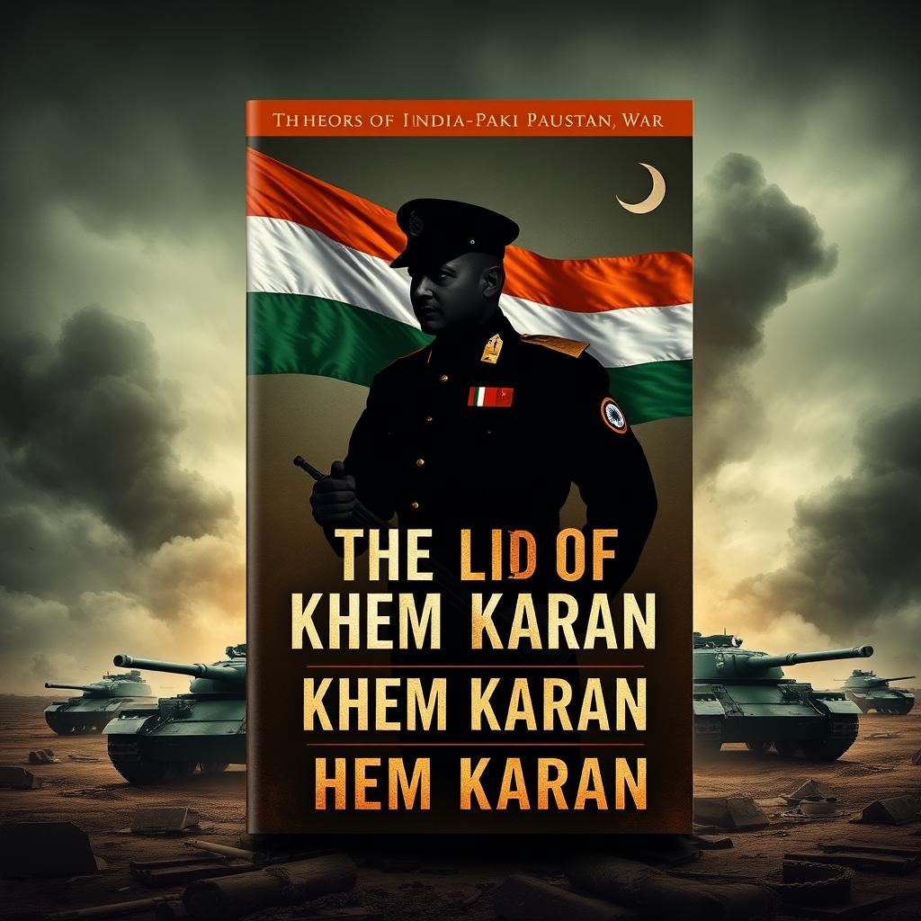 A powerful and patriotic book cover design titled 'The Lion of Khem Karan,' honoring Veer Abdul Hameed, the hero of the 1965 India-Pakistan War