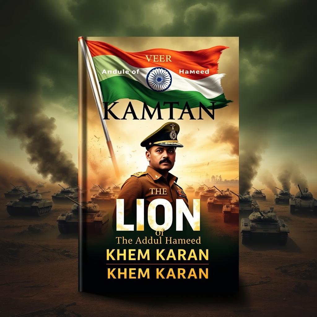 A powerful and patriotic book cover design titled 'The Lion of Khem Karan,' honoring Veer Abdul Hameed, the hero of the 1965 India-Pakistan War
