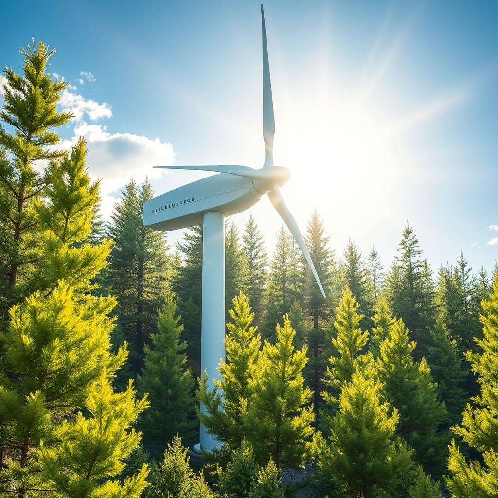 Create a design for a futuristic wind turbine set in the breathtaking Siberian landscape, featuring vibrant green spruce trees in full summer bloom