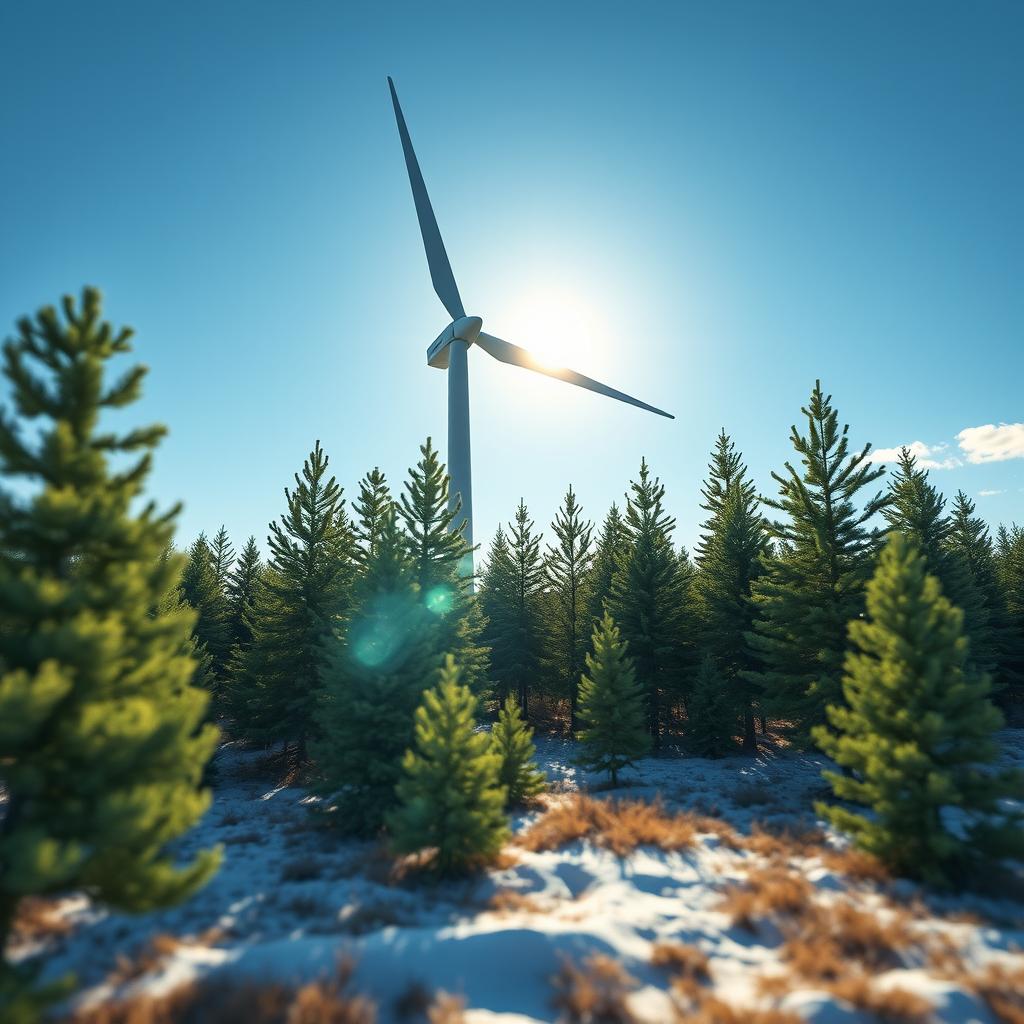 Design a futuristic wind turbine situated within the stunning Siberian landscape, showcasing vibrant green spruce trees under the summer sun