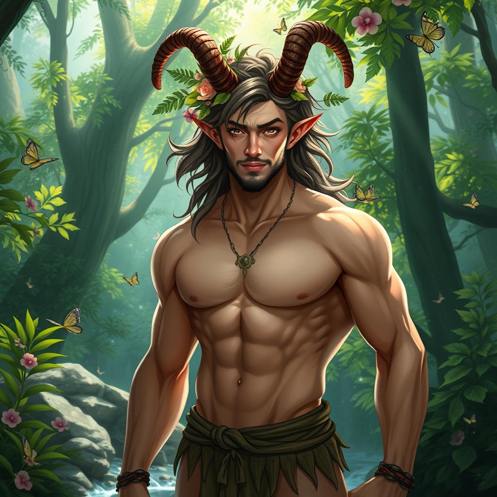 A handsome male satyr with cloven hooves, curling horns, and a toned physique, standing confidently in a lush, enchanted forest filled with vibrant greenery and dappled sunlight