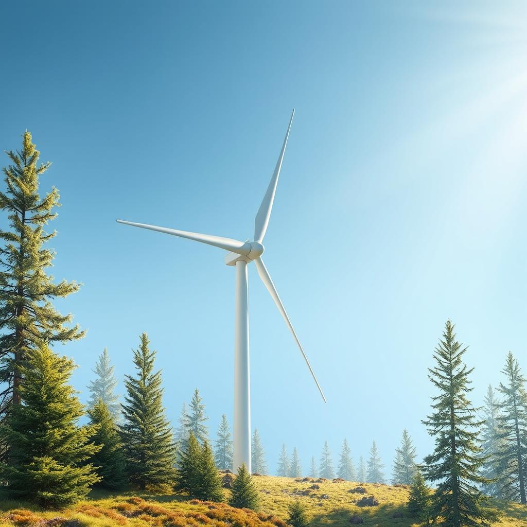 Design a futuristic wind turbine with three blades set against the stunning backdrop of Siberian nature, featuring vibrant green spruce trees during the summer season