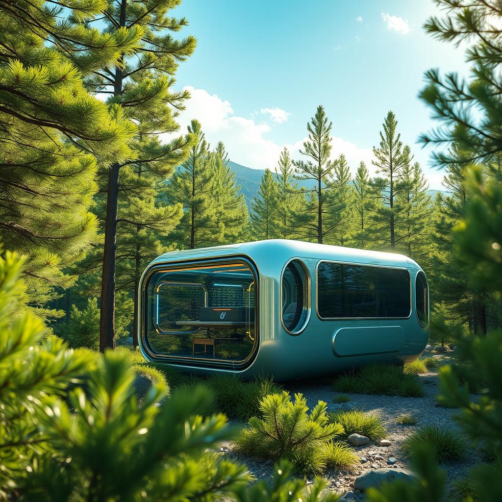 Design a futuristic biogenerator situated in the picturesque Siberian landscape, surrounded by lush green spruce trees during the vibrant summer season