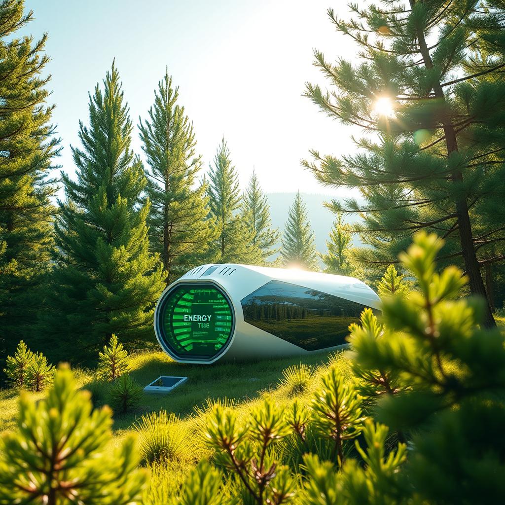 Design a futuristic energy biogenerator set against the breathtaking backdrop of Siberian nature, surrounded by lush green spruce trees during the vibrant summer season