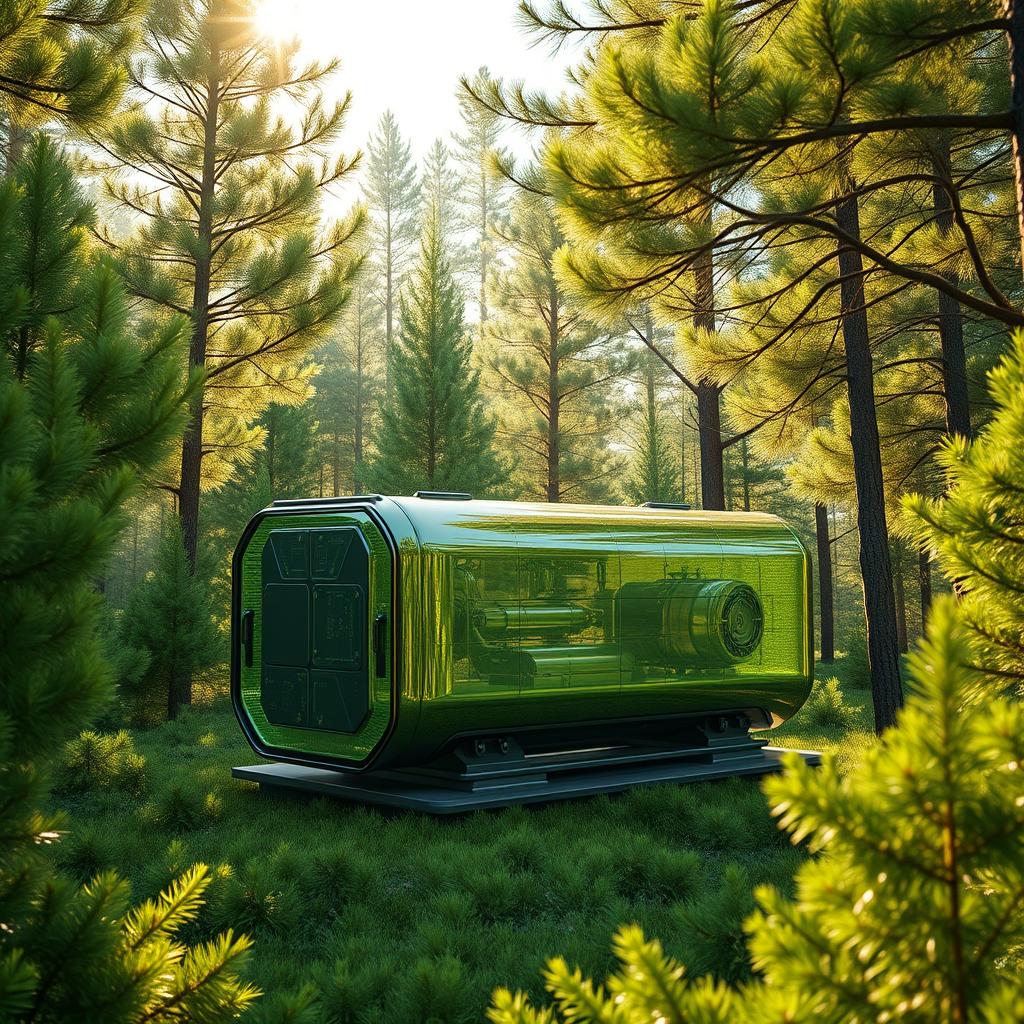 Design a futuristic bioenergy generator for electric power set against the breathtaking backdrop of Siberian nature, surrounded by lush green spruce trees in summer